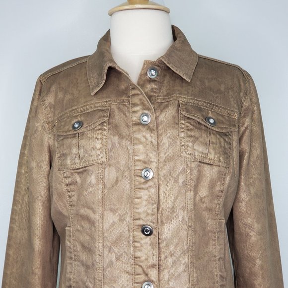 Dressbarn Brown Gold Snakeskin Print Stretchy Bling Buttons Jean Style Jacket M - Picture 3 of 15